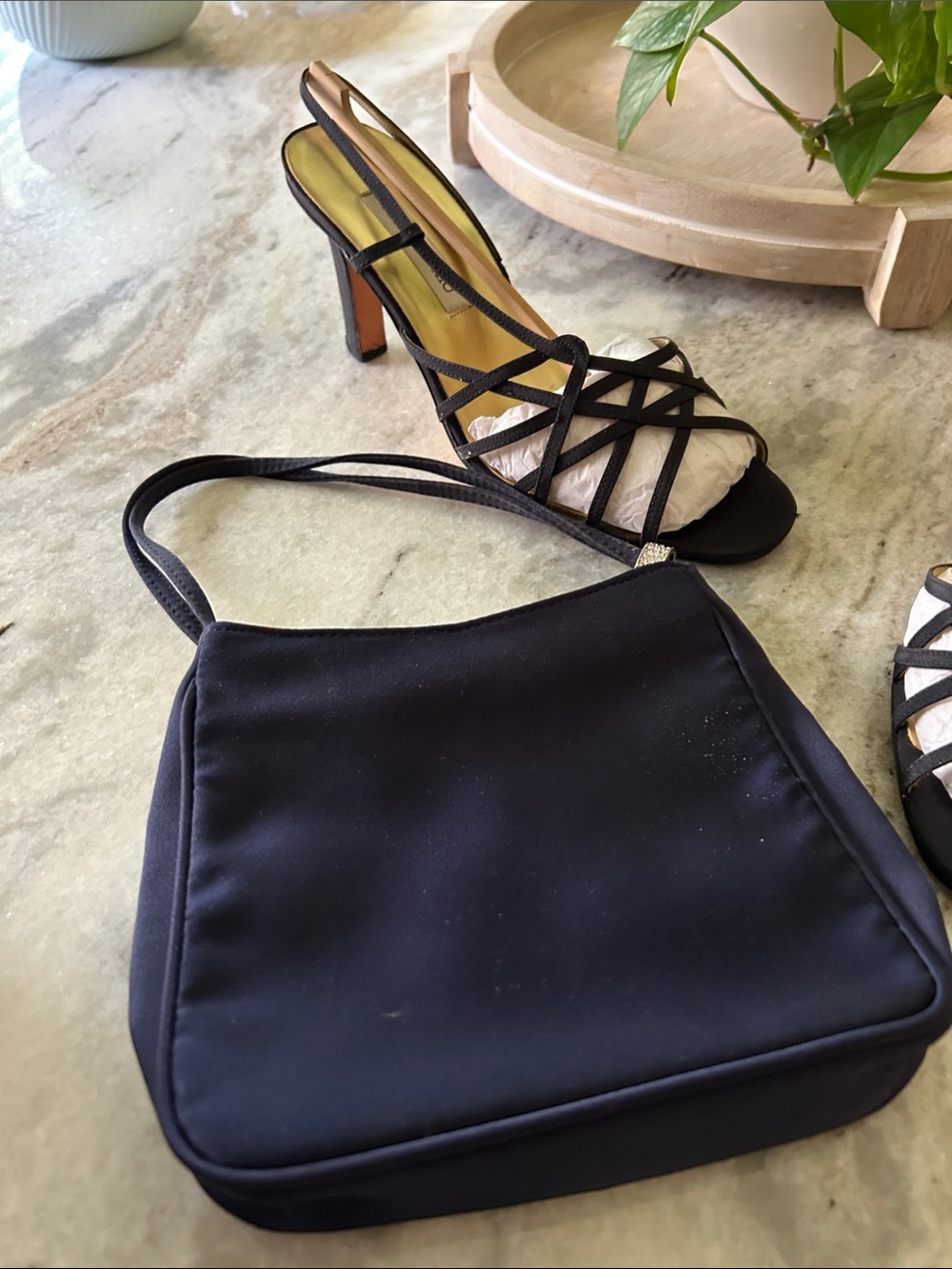 Navy Satin Shoulder Bag with Strappy Heeled Sandals